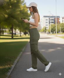 Pantalón Cargo Overzise Para Mujer Con Resorte En La Cintura - Verde militar - Ver 3