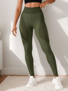 Pantalón deportivo de yoga sin costuras, cintura alta, suave y elástico para mujer, los mejores leggings para ejercicio diario - Verde militar - Ver 2