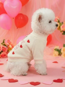 PETSIN 一件猫狗图案刺绣字母服装。宠物情人节套头衫，舒适的春季装扮。 - 白色 - 查看 4