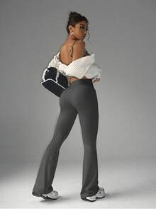 Pantalones elegantes, versátiles y estilizantes de estilo europeo, con cintura alta, piernas anchas y efecto levantador de glúteos, ideales para yoga y ejercicio físico. - Gris - Ver 4