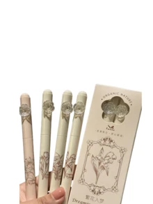 4支/盒黑色旋转笔，INS风格，超值ST笔头，黑色花卉梦幻图案，速干作业笔，返校必备 - 彩色 - 查看 5