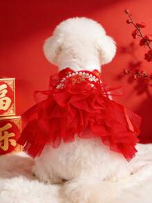 PETSIN 1 件猫/狗服装，宠物公主风连衣裙，红色节日新年狗狗服装，加厚保暖冬季服装