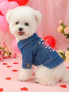 PETSIN 1pc Pet Valentine's Day Coat, Cat And Dog Universal Clothing, Embroidered Love Leisure Jacket - Blue - View 2