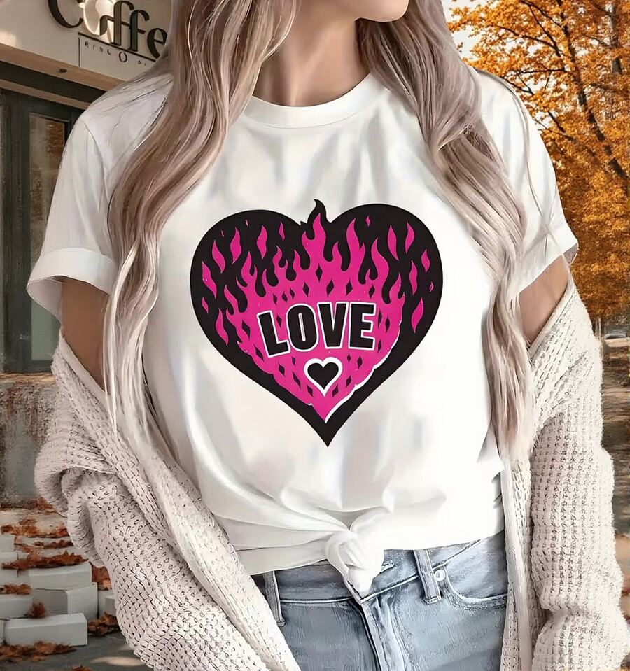 Mujer camiseta casual estilo urbano estampado corazón LOVE ajustada cuello redondo manga corta primavera verano uso diario T-s hirt,San valentin, 14 de febrero, amor, corazon, amist ad - Blanco - Ver 1