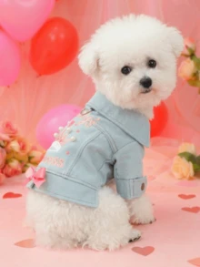 PETSIN 1件宠物服装，可爱刺绣皇冠公主心形图案蓝色外套，适合猫狗穿着，宠物情侣装 - 藍色 - 查看 4