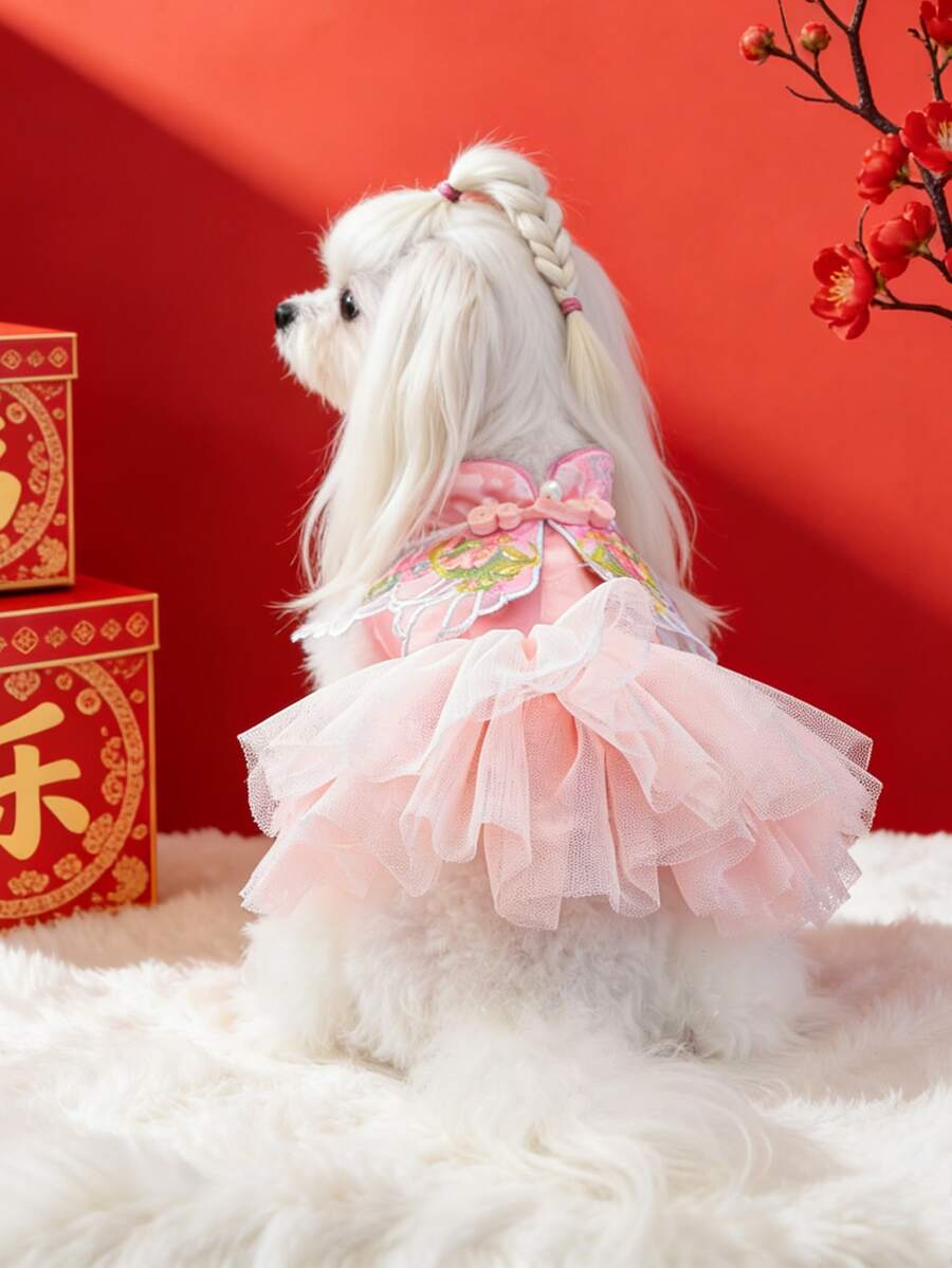 PETSIN 1件宠物连衣裙，粉色新年唐装，猫狗通用，秋冬季加厚公主风连衣裙，春节期间宠物节日盛装 - 粉色 - 查看 1