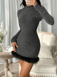 Vestido ajustado de cuello alto ribete lanudo brillante - Negro - Ver 1