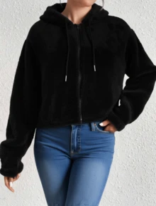 Sudadera de invierno para mujer, de color liso, de doble cara, de forro polar coral con cremallera y capucha, holgada, talla grande, cálida y cómoda. - Negro - Ver 1