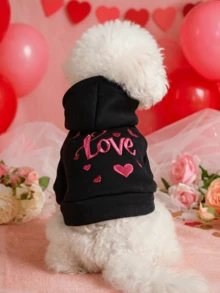 PETSIN 1pc Pet Clothing, Embroidered Pink Love Valentine's Day Jacket, Cat And Dog Universal Hoodie Casual Style - Black - View 2