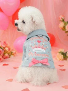 PETSIN 1件宠物服装，可爱刺绣皇冠公主心形图案蓝色外套，适合猫狗穿着，宠物情侣装 - 藍色 - 查看 2