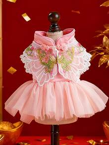 PETSIN 1件宠物连衣裙，粉色新年唐装，猫狗通用，秋冬季加厚公主风连衣裙，春节期间宠物节日盛装 - 粉色 - 查看 2