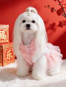 PETSIN 1件宠物连衣裙，粉色新年唐装，猫狗通用，秋冬季加厚公主风连衣裙，春节期间宠物节日盛装 - 粉色 - 查看 4