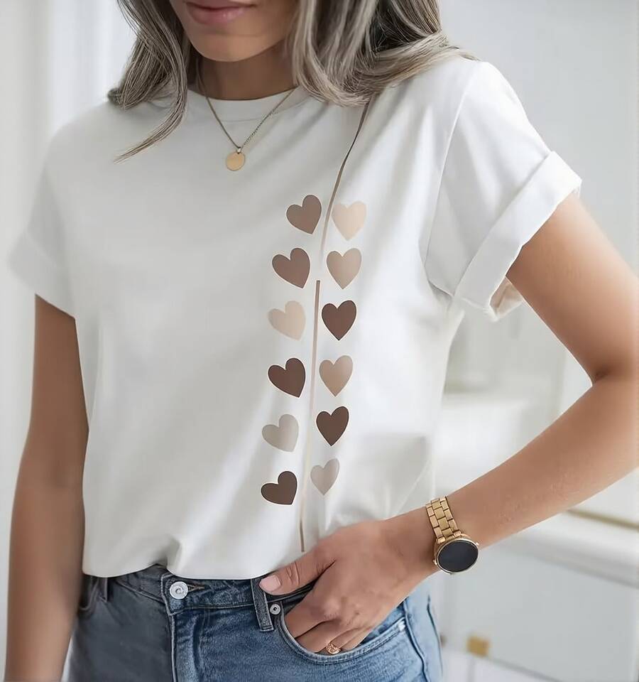 Mujer camiseta casual estilo minimalista estampado corazones degradados diseño moderno tacto suave ajuste estándar cuello redondo manga corta primavera verano uso diario T-shi rt,San valentin, 14 de febrero, amor, corazon, amist ad - Blanco - Ver 1