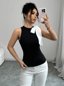 Camiseta sin mangas de mujer con contraste de color y lazo - Blanco - Ver 3