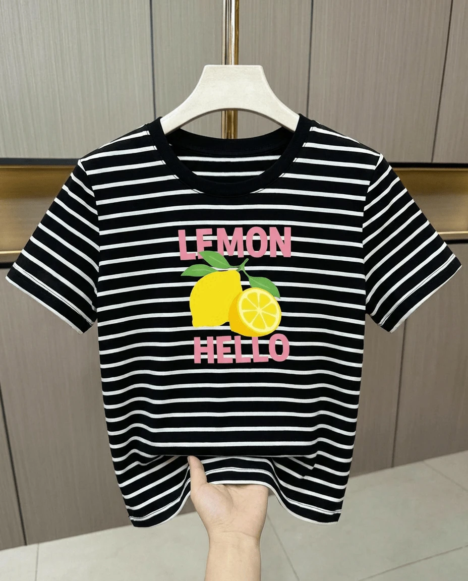 Camiseta Cuello redondo de algodón holgada de manga corta con cuello redondo, estampado minimalista , rayas blancas y negras, adecuada para año nuevo y regalo - Negro - Ver 1