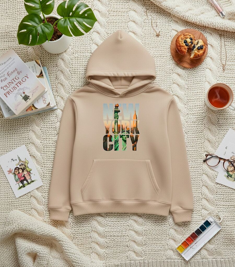 SUDADERA CON GORRO PARA DAMA CON ESTAMPADO NEW YORK CITY - Beis - Ver 1