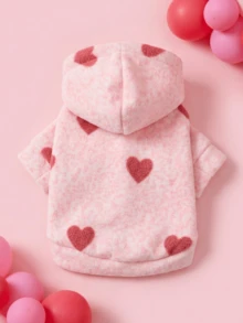 PETSIN 1件猫狗通用服装，粉色心形情人节外套，宠物加厚保暖连帽休闲服