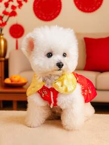 PETSIN 1件猫狗服装，新年宠物唐装，冬季加厚保暖连衣裙 - 紅色 - 查看 4