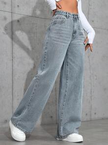 Jeans de mezclilla casuales y cómodos de pierna ancha con bolsillos para mujer - Azul claro - Ver 5