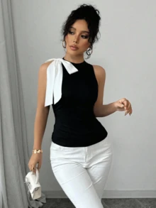 Camiseta sin mangas de mujer con contraste de color y lazo - Blanco - Ver 6