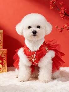 PETSIN 1 件猫/狗服装，宠物公主风连衣裙，红色节日新年狗狗服装，加厚保暖冬季服装