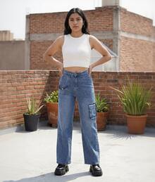 Mujer pantalón casual cargo de mezclilla con bolsillos, diseño holgado, pierna ancha, primavera verano, uso urbano. - Azul 1 - Ver 1