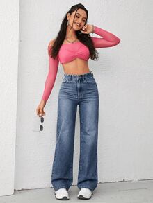 Jeans de mezclilla de pierna ancha recta de diseño simple con cintura alta para mujeres a la moda - Azul lavado oscuro - Ver 5