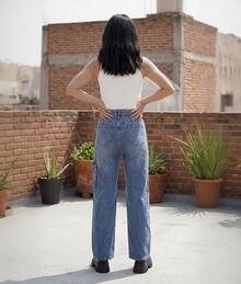Mujer pantalón casual cargo de mezclilla con bolsillos, diseño holgado, pierna ancha, primavera verano, uso urbano. - Azul 1 - Ver 2