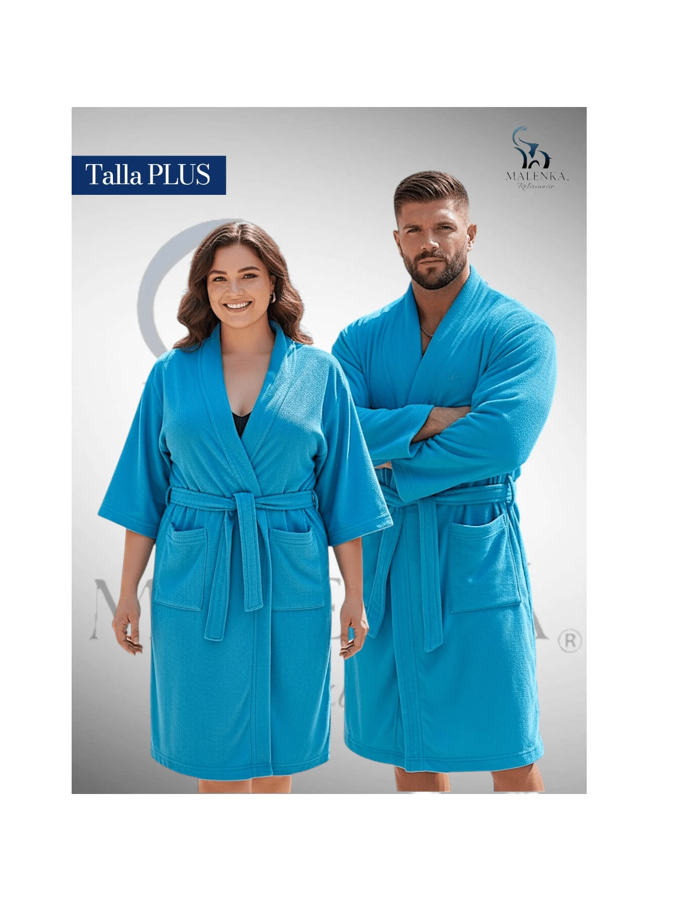 BATA DE BAÑO EXTRA GRANDE ABSORBENTE UNISEX CON BOLSILLOS Y CINTA AJUSTABLE TALLA 40-42 - TURQUESA - Ver 1