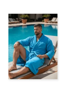 BATA DE BAÑO EXTRA GRANDE ABSORBENTE UNISEX CON BOLSILLOS Y CINTA AJUSTABLE TALLA 40-42 - TURQUESA - Ver 6