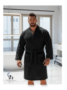 BATA DE BAÑO EXTRA GRANDE ABSORBENTE UNISEX CON BOLSILLOS Y CINTA AJUSTABLE TALLA 40-42 - Negro - Ver 2