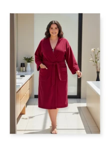 BATA DE BAÑO EXTRA GRANDE ABSORBENTE UNISEX CON BOLSILLOS Y CINTA AJUSTABLE TALLA 40-42 - VINO - Ver 3