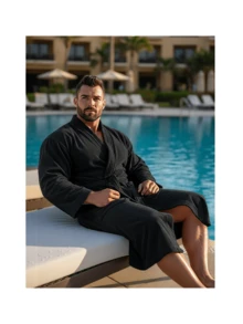 BATA DE BAÑO EXTRA GRANDE ABSORBENTE UNISEX CON BOLSILLOS Y CINTA AJUSTABLE TALLA 40-42 - Negro - Ver 3