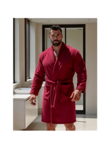BATA DE BAÑO EXTRA GRANDE ABSORBENTE UNISEX CON BOLSILLOS Y CINTA AJUSTABLE TALLA 40-42 - VINO - Ver 4