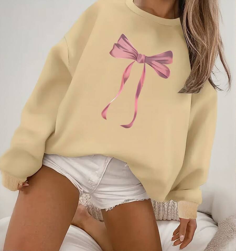 Mujer sudadera casual lazo gráfico creativo tela suave holgada cuello redondo manga larga otoño invierno uso diario Sweatshirt,Moño, rosa, cute - Caqui - Ver 1