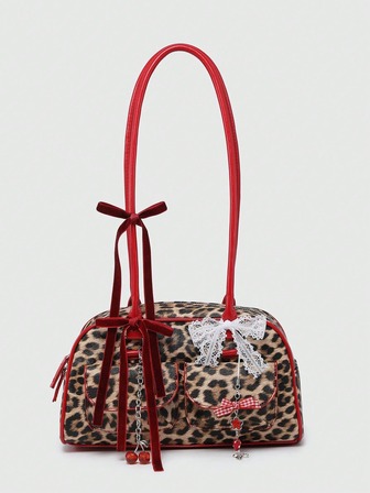 Kawaii Bolso de hombro de mujer con estilo vintage y lindo, con cuadros, decoración de lazo, cereza y corazón, bolso de Boston de múltiples bolsillos, para la escuela, la calle y el estilo japonés para mujeres