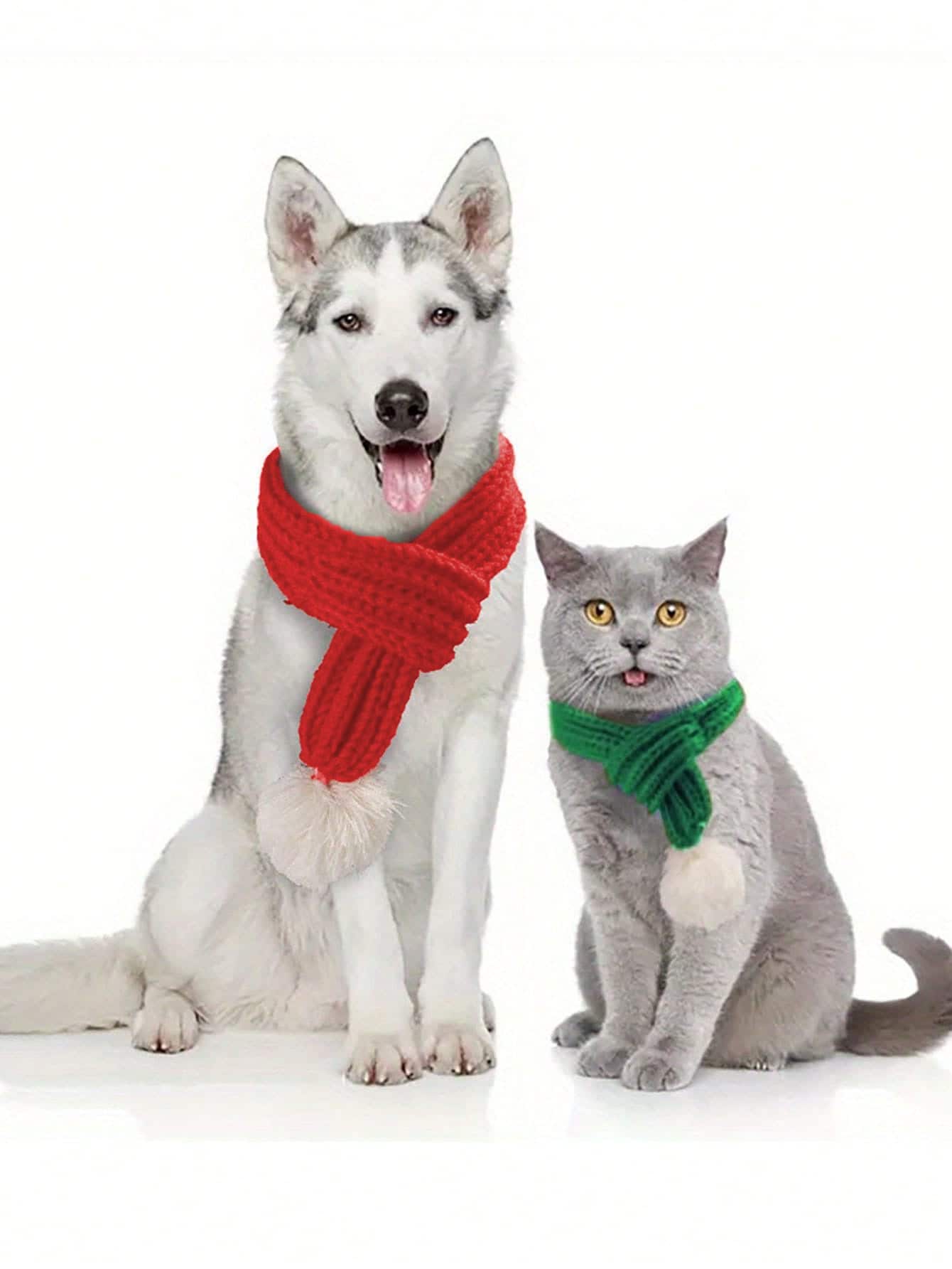 1 Stück Weihnachts-Welpen & Kätzchen Schal - rot und grün gestreift mit weißem Bommel, ein warmes und weiches Winteraccessoire für alle Rassen und Größen (klein bis mittel/groß), festliches Design für Katzenliebhaber, für Hunde und Katzen, aus kuscheliger Materialien hergestellt - Verschiedenfarbig - Übersicht 1