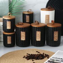 圆形密封陶瓷储物罐，配木质盖子 - 可放入洗碗机清洗，可重复使用，适用于存放糖、咖啡、茶叶和香料 - 现代台面装饰，厨房收纳方案 | 现代厨具 | 木质盖子设计，厨房整理收纳 - 彩色 - 查看 3