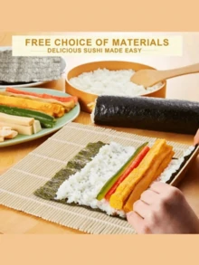 寿司制作套装，包含2个寿司火箭筒、竹制寿司卷帘、竹帘、握寿司模具、饭团模具、自制寿司卷机、寿司制作入门套装、自制寿司派对用品、厨房配件、厨房用具 - 彩色 - 查看 4