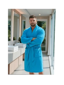 BATA DE BAÑO EXTRA GRANDE ABSORBENTE UNISEX CON BOLSILLOS Y CINTA AJUSTABLE TALLA 40-42 - TURQUESA - Ver 2