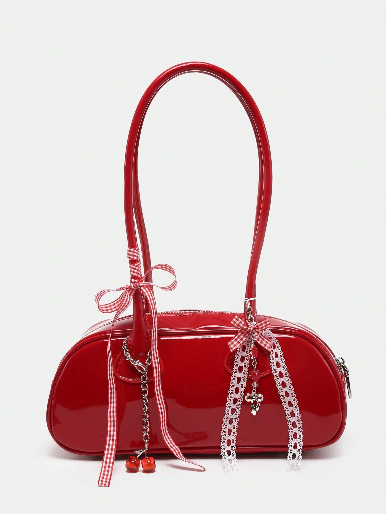 Kawaii Bolso de hombro/axilar de mujer con múltiples bolsillos, estilo retro y lindo con cuadros, moño y decoración de corazón de cereza