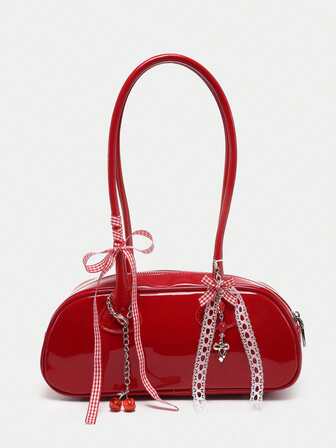 Kawaii Borsa a tracolla/borsa a mano da donna in stile retrò e carino, con motivo a quadri, fiocco, decorazione a cuore e ciliegie, con tasche multiple