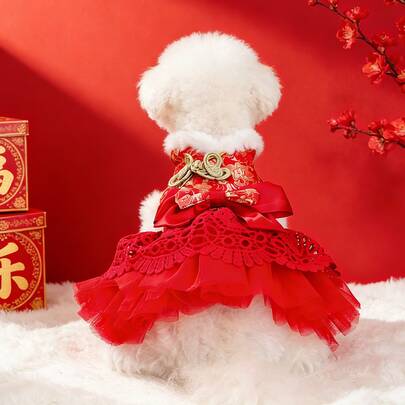 PETSIN 1 件宠物服装，猫狗新年服装，高贵公主风连衣裙，红色新年装，带蝴蝶结装饰