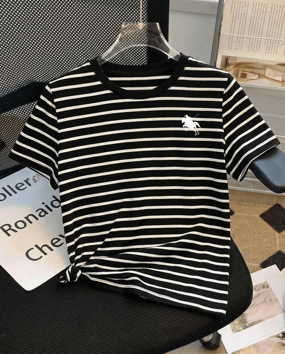 Camiseta Cuello redondo de algodón holgada de manga corta con cuello redondo, estampado minimalista , rayas blancas y negras, adecuada para año nuevo y regalo - Negro - Ver 1