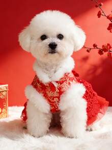 PETSIN 1 件宠物服装，猫狗新年服装，高贵公主风连衣裙，红色新年装，带蝴蝶结装饰