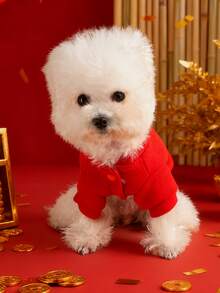 1 件宠物服装，绣有新年快乐的小狗外套，秋冬季加厚服装，适合猫狗在春节期间穿着 - 紅色 - 查看 5