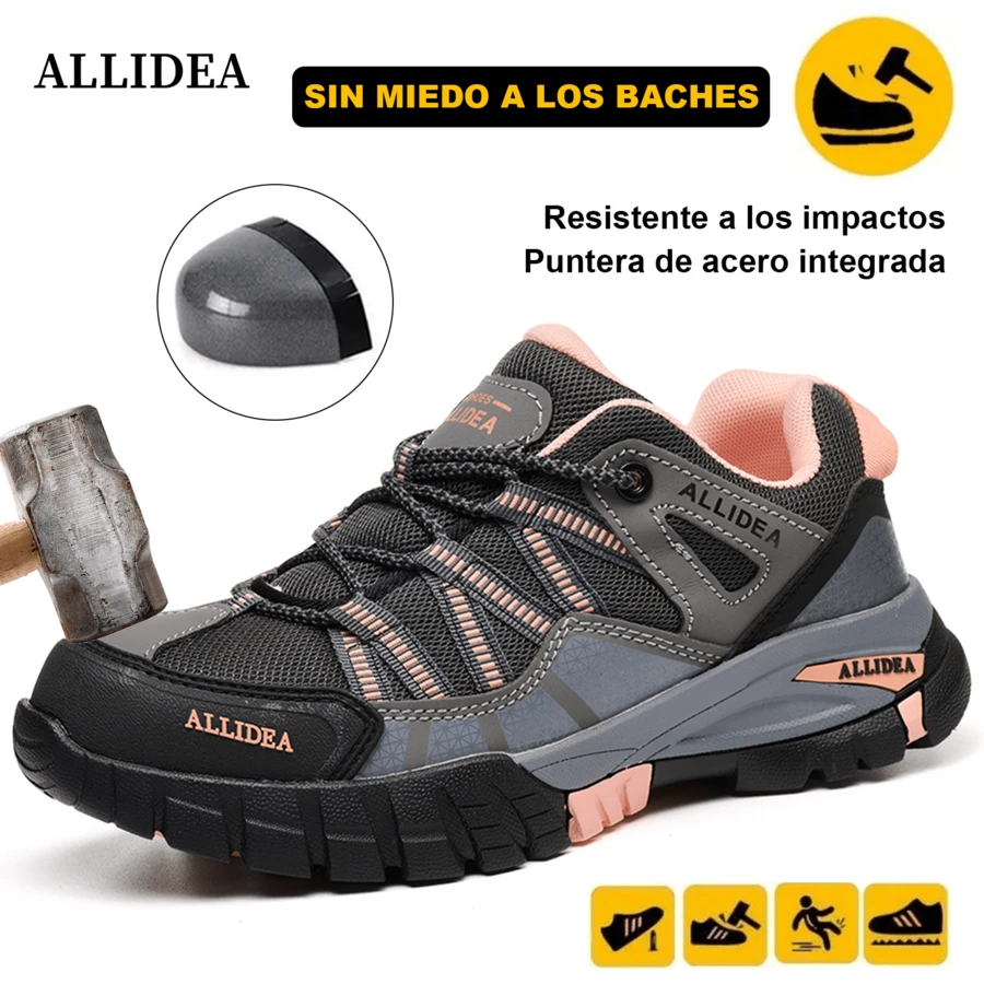 SEGURITO Tenis de mujer,tenis industriales para mujer,zapatos industriales,botas de casquillo industrial,zapatos de trabajo, zapatillas de trabajo ligeras,diseño con puntera de acero y suela resistente a perforaciones, antideslizante y resistente al desgaste, adecuado para obras de construcción, actividades al aire libre, logística y transporte, entre otros escenarios,tenis de mujer oferta. - negro y rosa - Ver 1