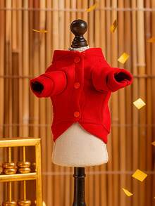 1 件宠物服装，绣有新年快乐的小狗外套，秋冬季加厚服装，适合猫狗在春节期间穿着 - 紅色 - 查看 6