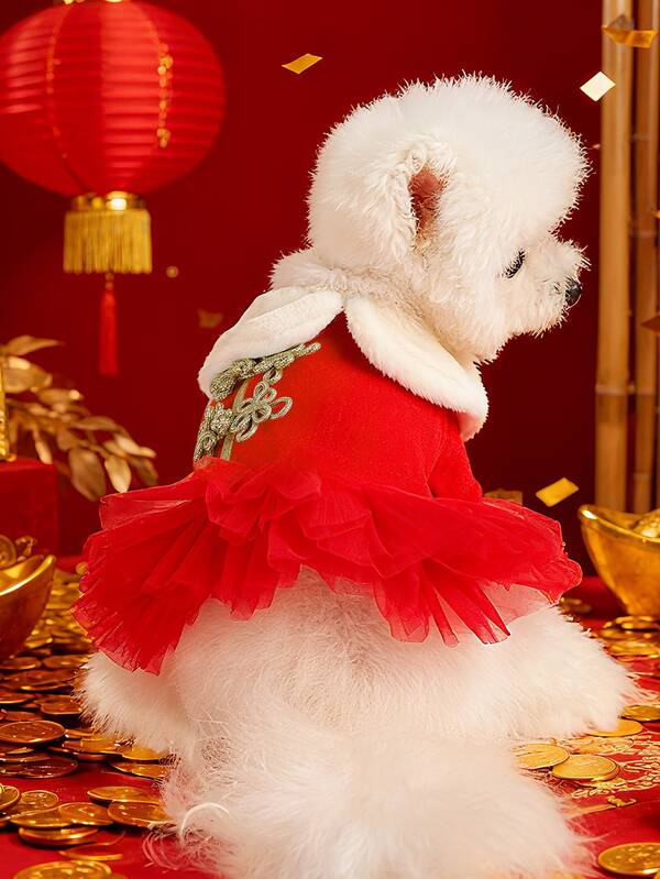 PETSIN 1 pieza Vestido para mascotas, Vestido de Año Nuevo estilo princesa rojo, Ropa universal para gatos y perros, Vestido esponjoso de gasa gruesa de invierno