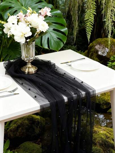 SHEIN 1pc 160*100cm Black Faux Pearl Decorative Tulle Table Runner, Wedding Transparent Tulle Tablecloth, Wedding Arch Decoration Reception Bridal Shower, Party Decoration, Chair Decoration, Event Backdrop Wall Decoration, Valentine's Day
